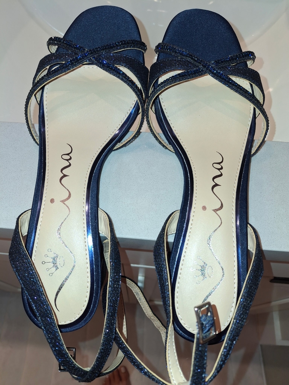Nina Navy Glitter Strappy Heels - Size 8, New without box